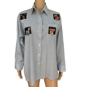 Infinity Fashions vintage safari embroidered Animal patches pinstriped blouse M